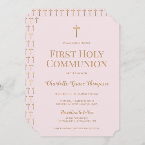 Blush pink Gold Cross Girl First holy communion  Invitation