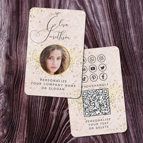  Blush Pink Gold Custom Social Media QR Code Photo Business Card