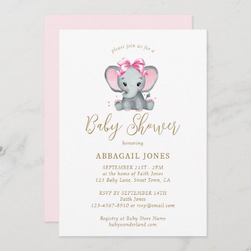 Blush Pink Gold Cute Elephant Elegant Baby Shower Invitation