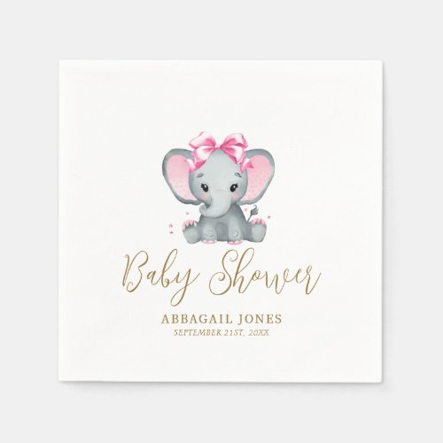 Blush Pink Gold Cute Elephant Elegant Baby Shower Napkins