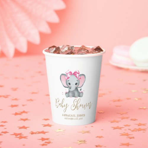 Blush Pink Gold Cute Elephant Elegant Baby Shower Paper Cups