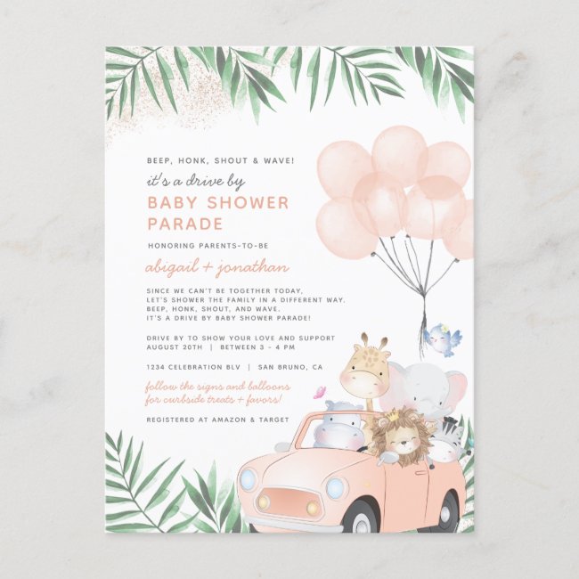 Blush Pink & Gold Cute Safari Drive By Baby Shower Invitation Postcard