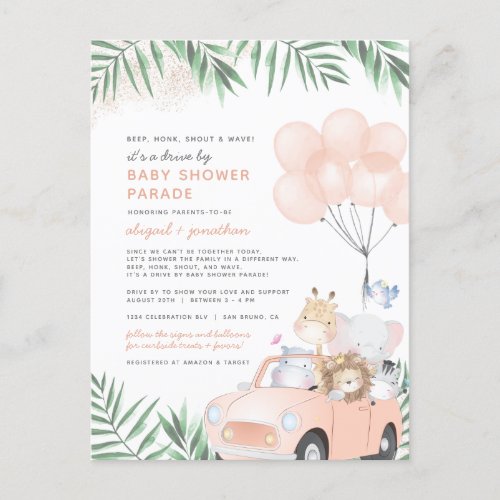 Blush Pink  Gold Cute Safari Drive By Baby Shower Invitation Postcard