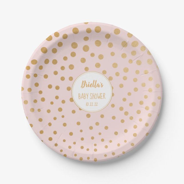 Blush pink gold dot girl baby shower theme paper plates (Front)