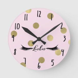 Blush Pink & Gold Dots Modern Glam Lashes Salon Round Clock