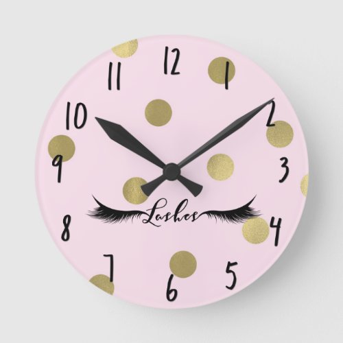 Blush Pink  Gold Dots Modern Glam Lashes Salon Round Clock