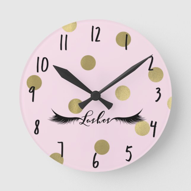 Blush Pink & Gold Dots Modern Glam Lashes Salon Round Clock (Front)