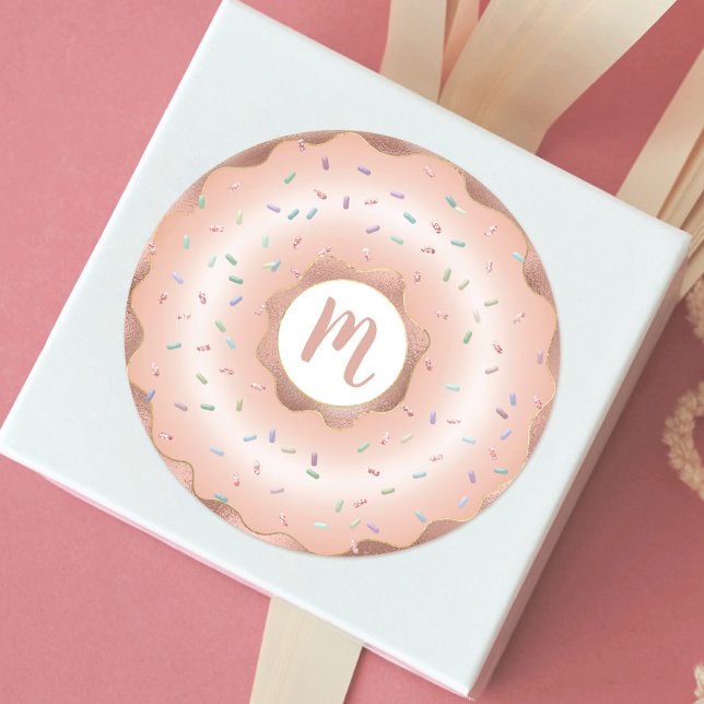Blush pink gold doughnut sprinkles monogram glam classic round sticker (Creator Uploaded)