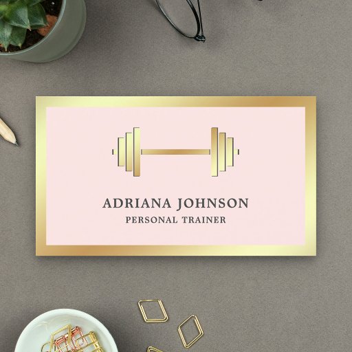Customizable Blush Pink Gold Dumbbell Fitness Personal Trainer Business Card