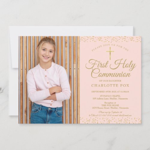 Blush Pink Gold Dust First Holy Communion Photo Invitation