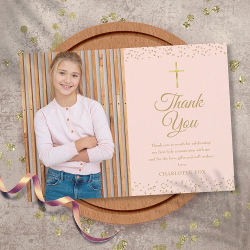 Blush Pink Gold Dust First Holy Communion Photo Thank You Card