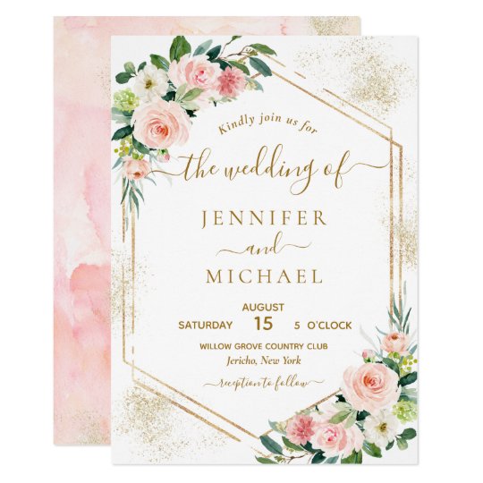 Blush Pink & Gold Dust Geometric Floral Wedding Invitation | Zazzle.com