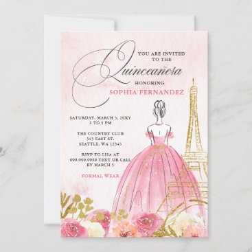 Blush Pink Gold Eiffel Tower Paris Quinceañera Invitation
