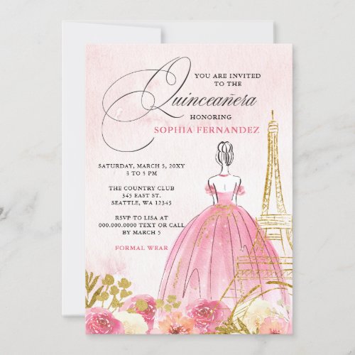 Blush Pink Gold Eiffel Tower Paris Quinceaera Invitation