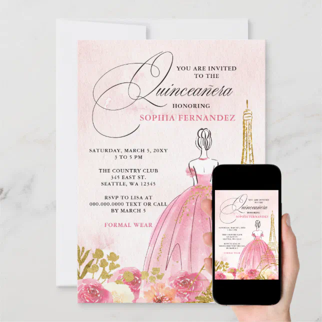 Blush Pink Gold Eiffel Tower Paris Quinceañera Invitation Zazzle