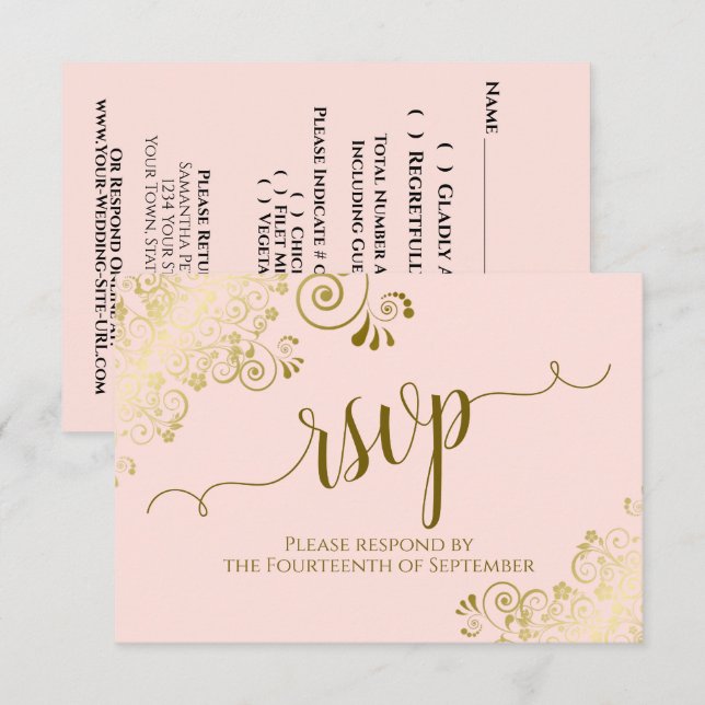 Blush Pink & Gold Elegant Calligraphy Wedding RSVP Card (Front/Back)