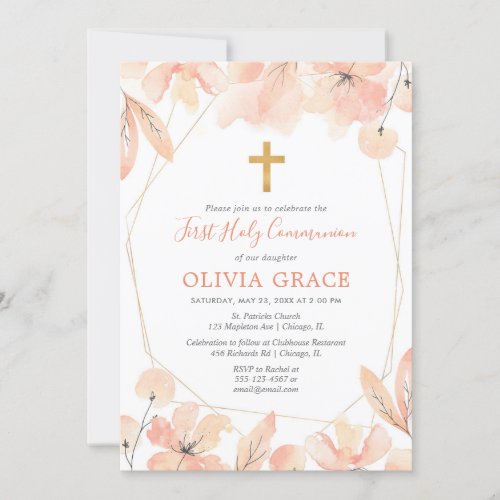 Blush pink gold elegant First Holy Communion Invitation