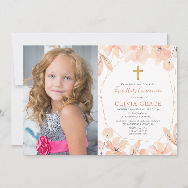 Blush pink gold elegant First Holy Communion photo Invitation (Front)