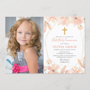 Blush pink gold elegant First Holy Communion photo Invitation