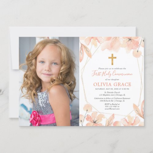 Blush pink gold elegant First Holy Communion photo Invitation