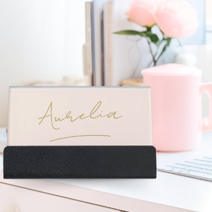 Blush Pink Gold Elegant Modern Monogram Script Desk Business Card Holder