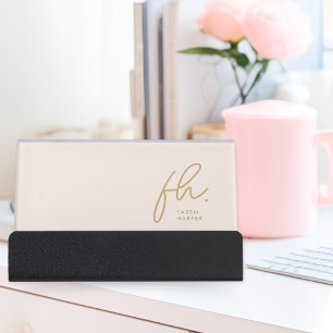 Blush Pink Gold Elegant Modern Script Monogram Desk Business Card Holder