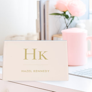 Blush Pink Gold Elegant Modern Simple Monogram Desk Business Card Holder