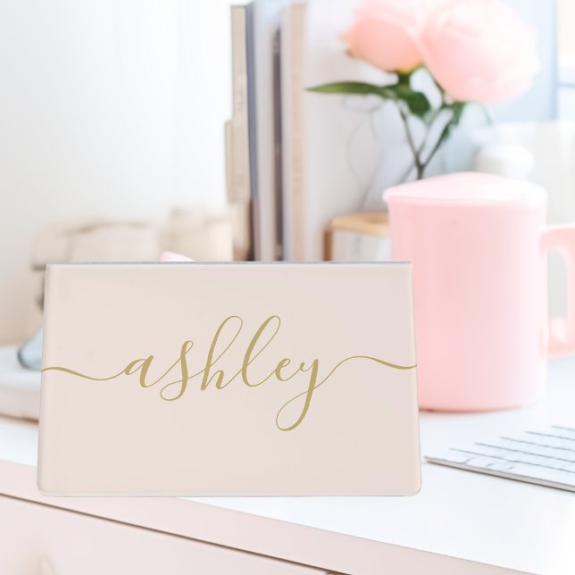 Blush Pink Gold Elegant Monogram Calligraphy Name Desk Business Card Holder (Creator Uploaded)