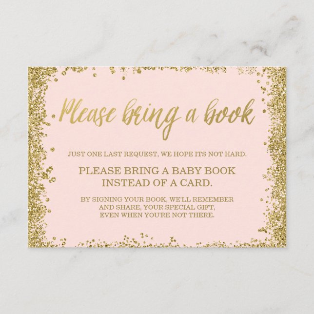 Blush Pink Gold Faux Glitter Baby Shower Book Enclosure Card (Front)