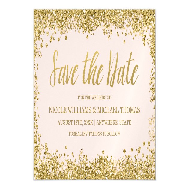 Blush Pink Gold Faux Glitter Save The Date Magnetic Card