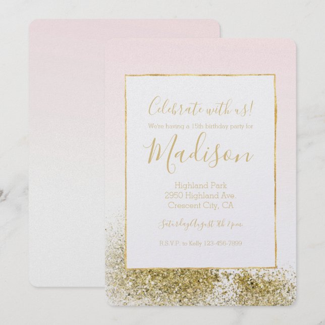 Blush Pink Gold Faux Glitter Sparkle Ombre Invitation (Front/Back)