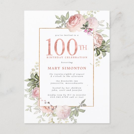 Blush Pink Gold Floral 100th Birthday Party Invitation Postcard ...