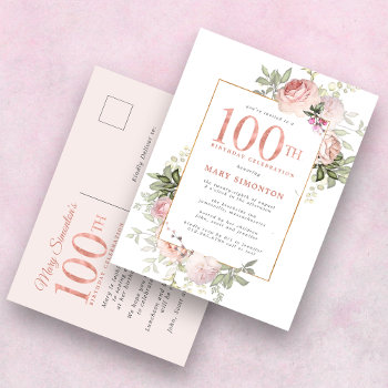 Blush Pink Gold Floral 100th Birthday Party Invitation Postcard by Celebrais at Zazzle