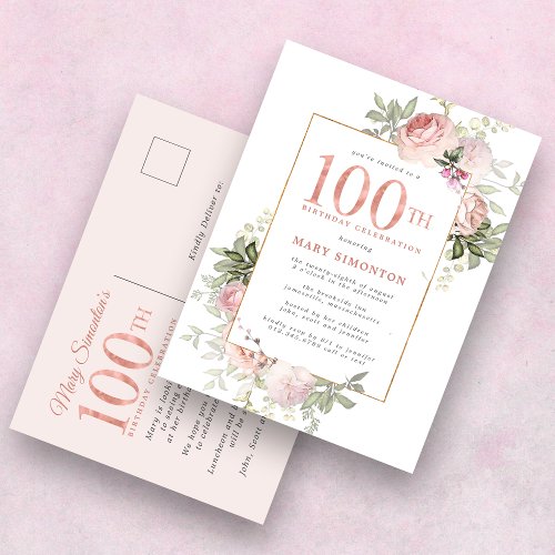 Blush Pink Gold Floral 100th Birthday Party Invitation Postcard