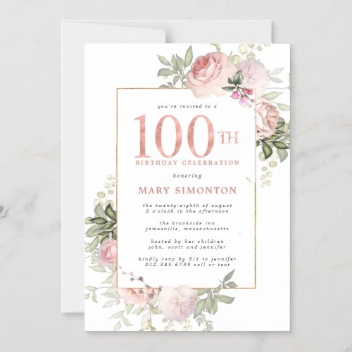 Blush Pink Gold Floral 100th Birthday Party Magnetic Invitation
