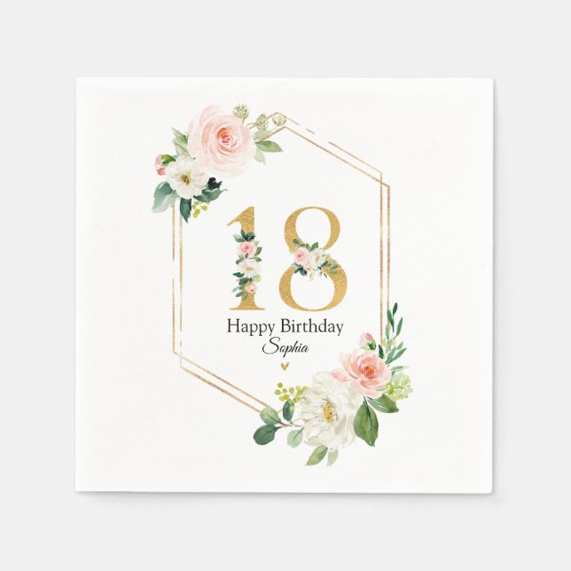 Blush Pink & Gold Floral 18th Birthday Custom Napkins (Front)