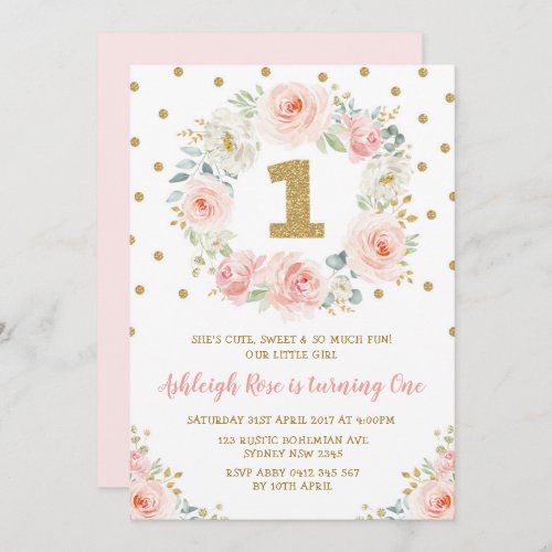 Blush Pink Gold Floral 1st Birthday Wild One Party Invitation