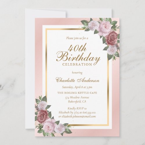 Blush Pink Gold Floral 40th Birthday Invitations