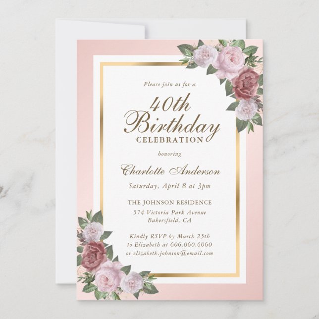 Blush Pink Gold Floral 40th Birthday Invitations (Front)