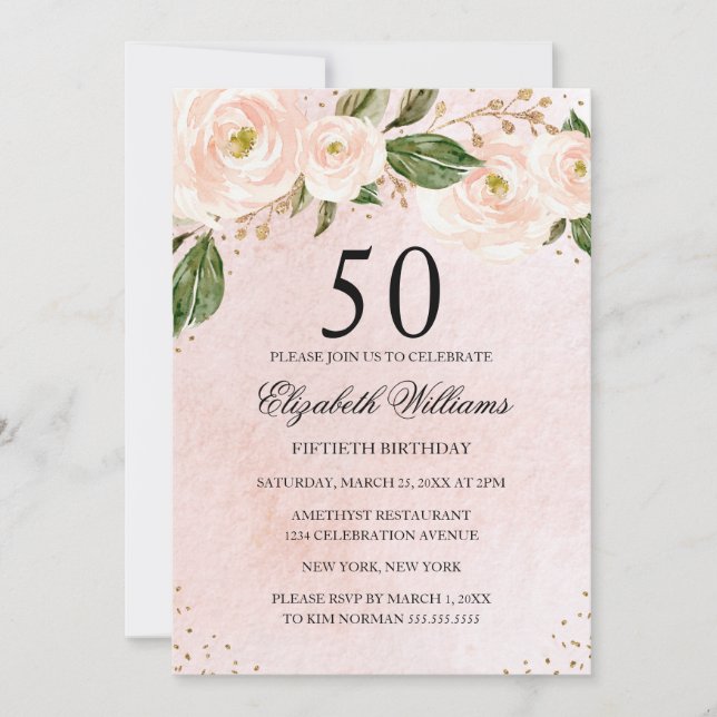 Blush Pink Gold Floral 50th Birthday Invitation (Front)