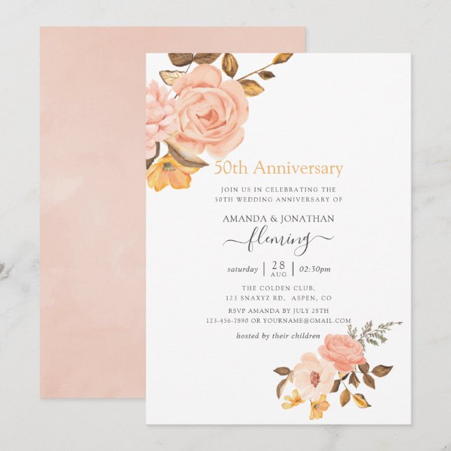 Blush Pink & Gold Floral 50th Wedding Anniversary Invitation (Front/Back)