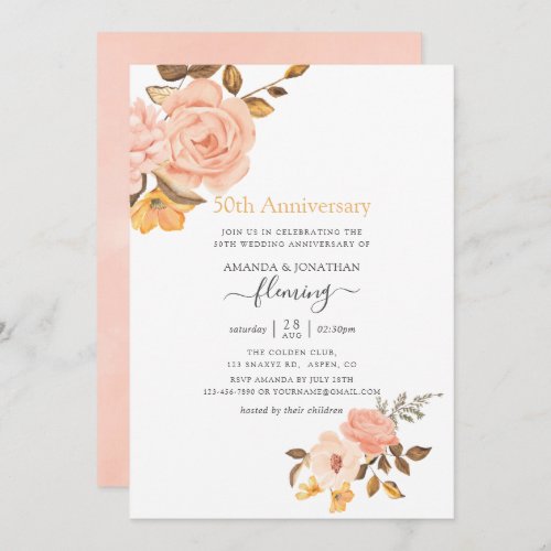 Blush Pink  Gold Floral 50th Wedding Anniversary Invitation