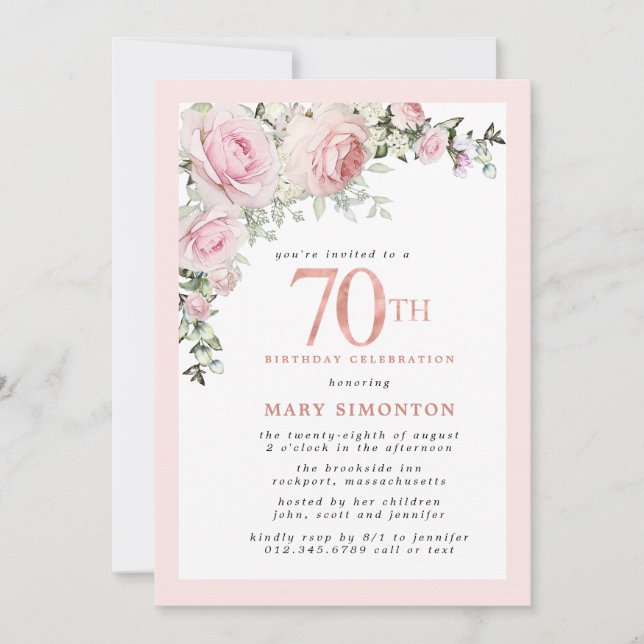 Blush Pink Gold Floral 70th Birthday Party Invitation (Front)