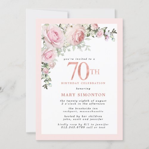 Blush Pink Gold Floral 70th Birthday Party Invitation