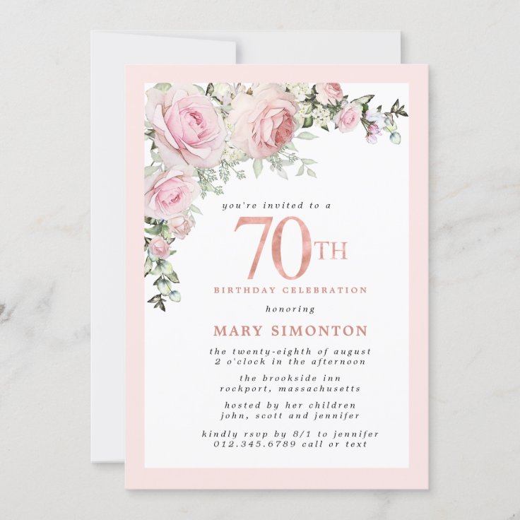 Blush Pink Gold Floral 70th Birthday Party Invitation | Zazzle