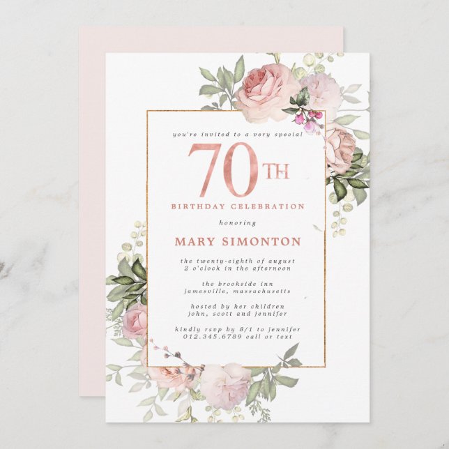 Blush Pink Gold Floral 70th Birthday Party Invitation (Front/Back)