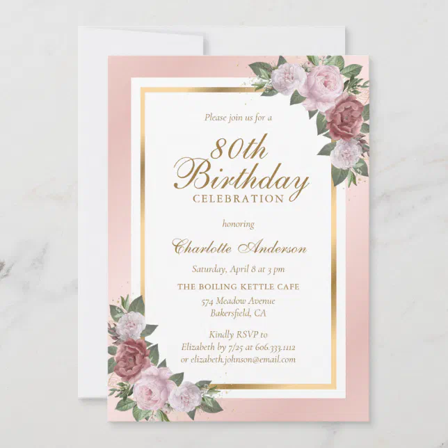 Blush Pink Gold Floral 80th Birthday Invitation | Zazzle