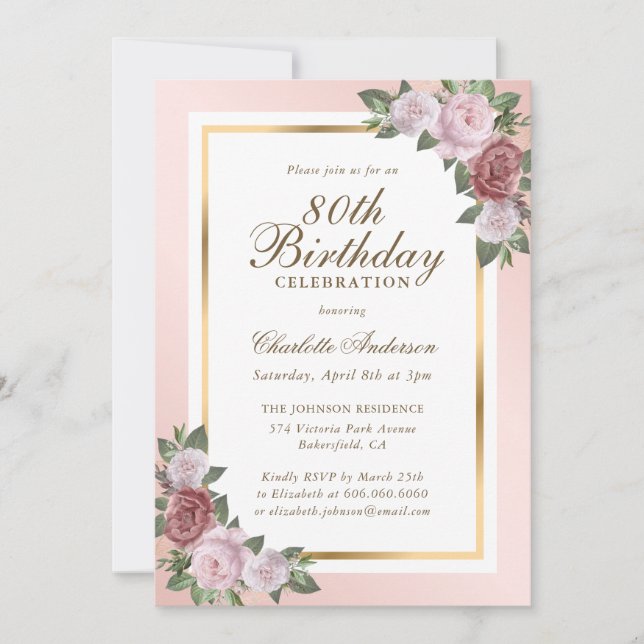 Blush Pink Gold Floral 80th Birthday Invitation (Front)
