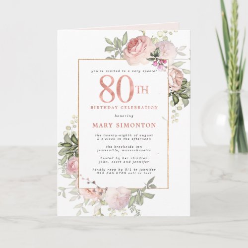 Blush Pink Gold Floral 80th Birthday Party Invitation