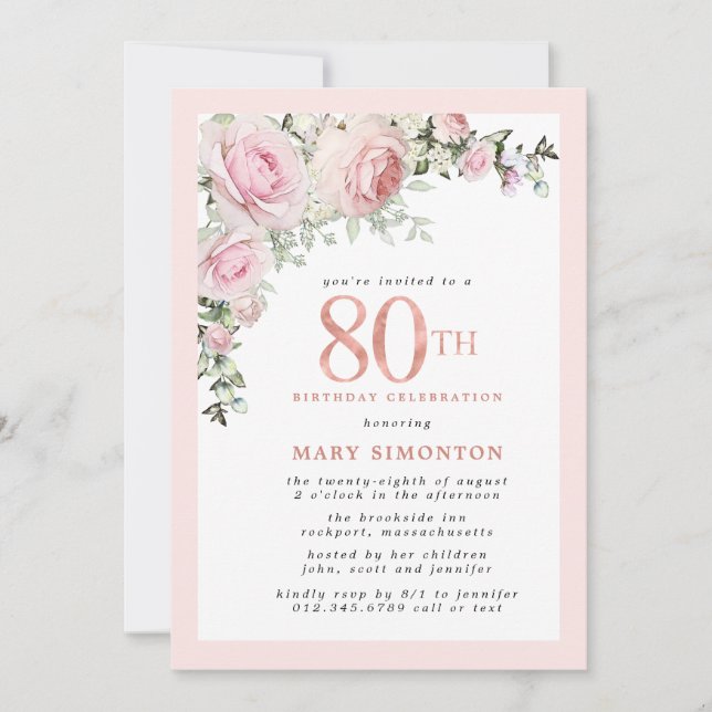 Blush Pink Gold Floral 80th Birthday Party Invitation (Front)